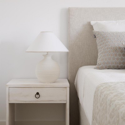 Oriental Lampshade in White Fabric with Linen-Colored Trim  - 11